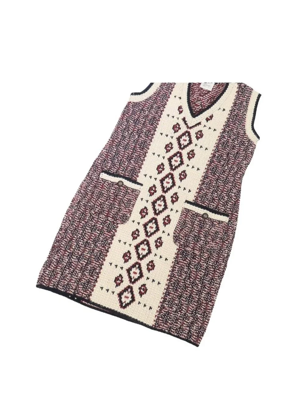 Chanel Knit Dress Navy Ivory Red Alpaca Wool Cashmere Sleeveless Neck 42